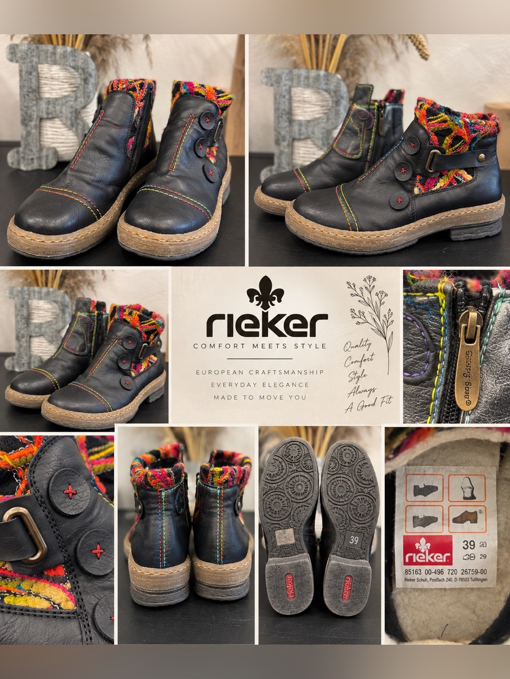 Rieker Black Leather Felicitas 59 Ankle Boots with Colorful Knit Cuff
